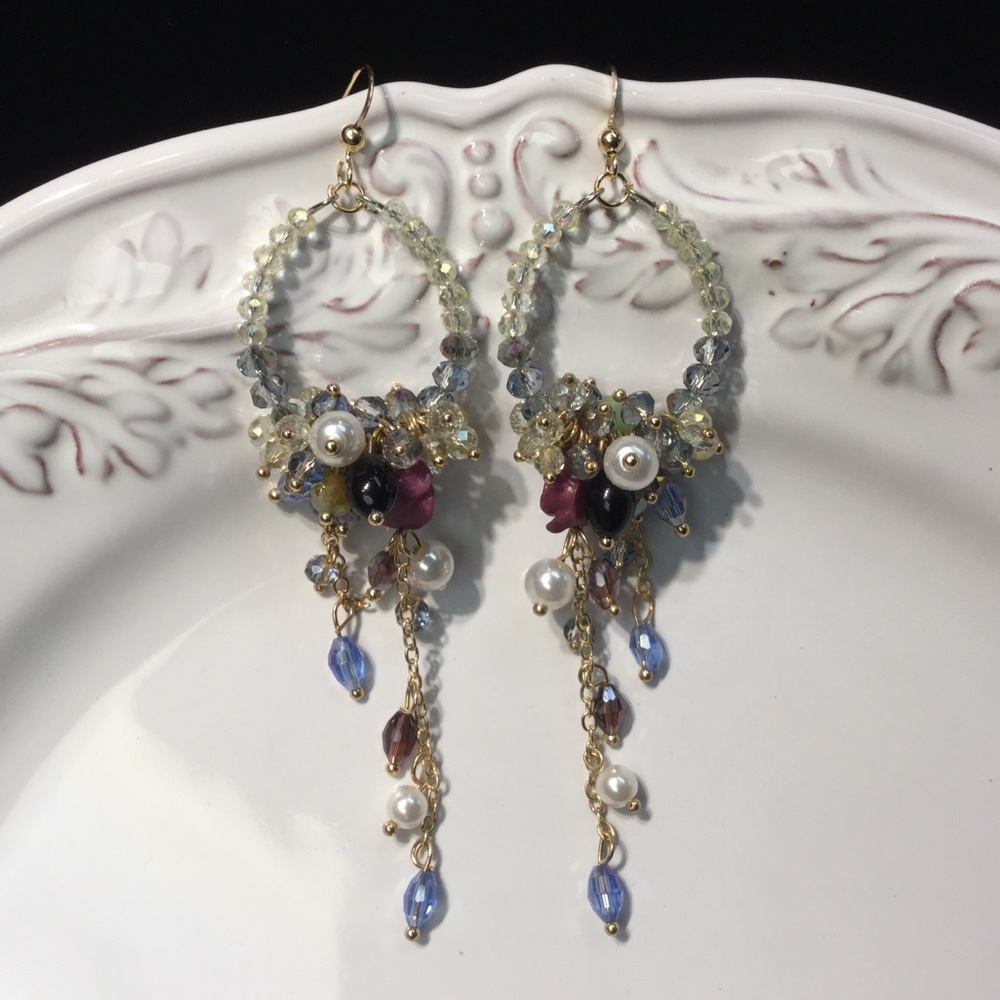 Long cluster crystal beaded dangle earrings